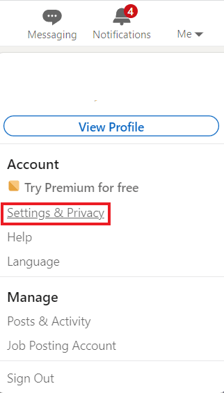 Seleccione Configuración y privacidad. Arreglar la aplicación de LinkedIn que no muestra imágenes