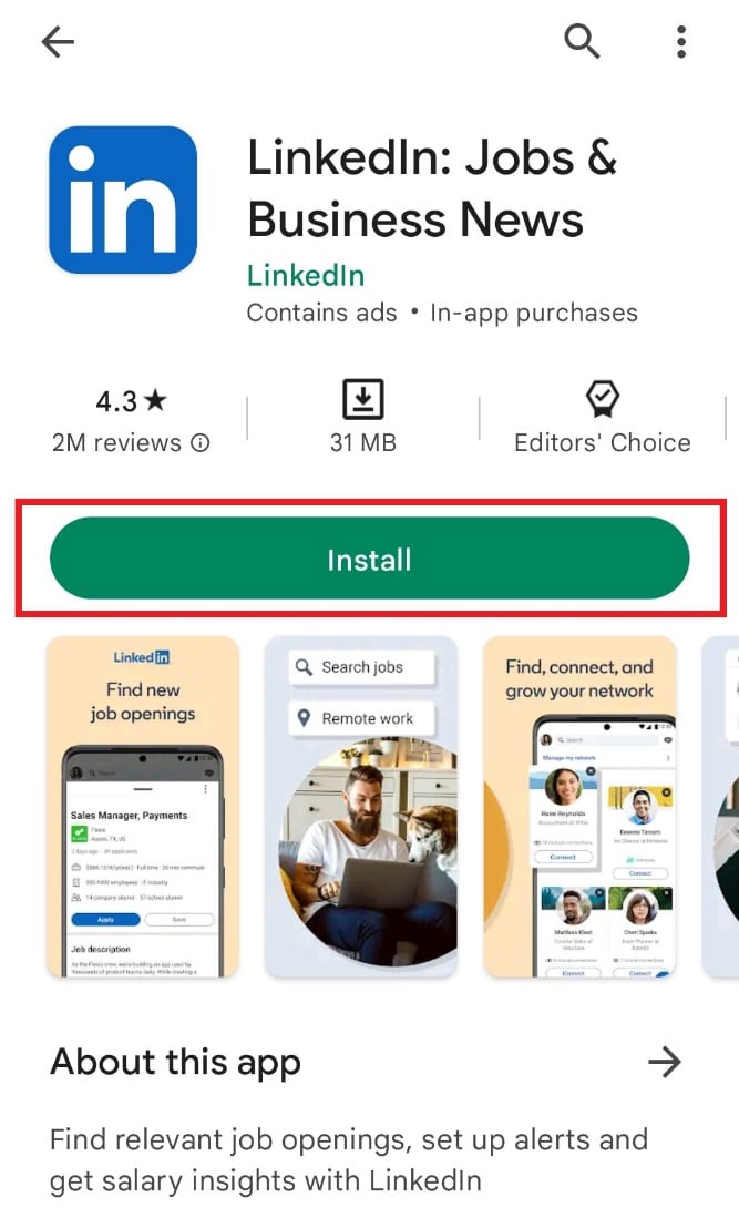 Toca Instalar. Arreglar la aplicación de LinkedIn que no muestra imágenes