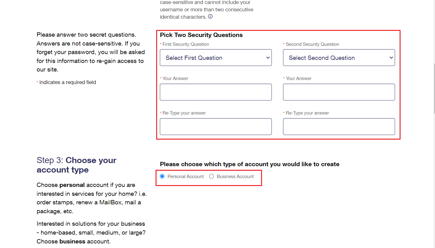 Elija dos preguntas de seguridad e ingrese y confirme la contraseña ingresada; seleccione Cuenta personal o Cuenta comercial