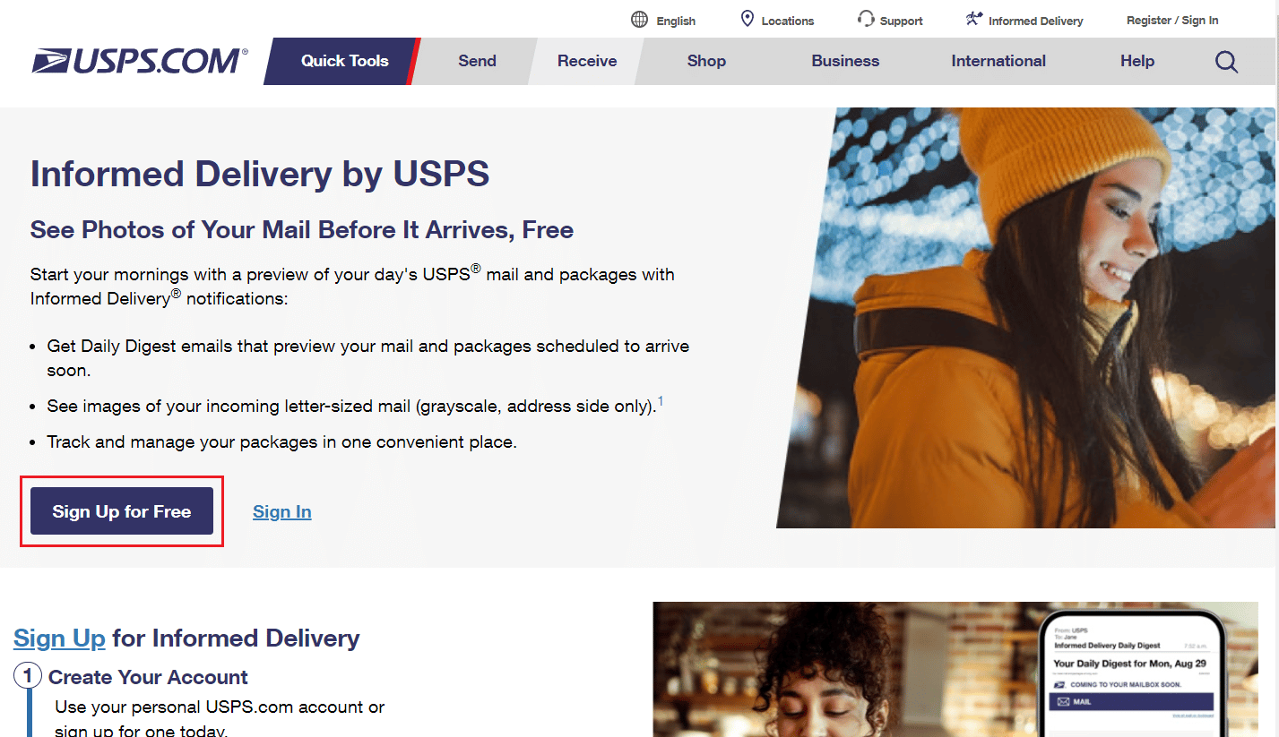 Haga clic en Regístrate gratis |  restablecer contraseña o cambiar nombre de usuario en USPS.com