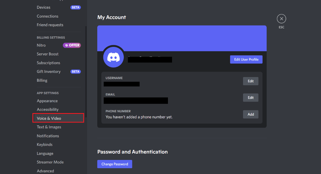 Seleccione Voz y video.  9 soluciones para arreglar Discord Krisp no funciona