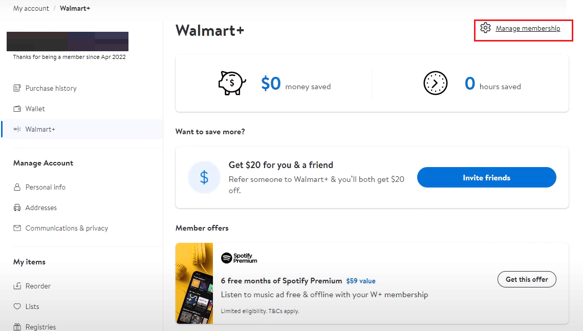 Walmart+ Administrar membresía