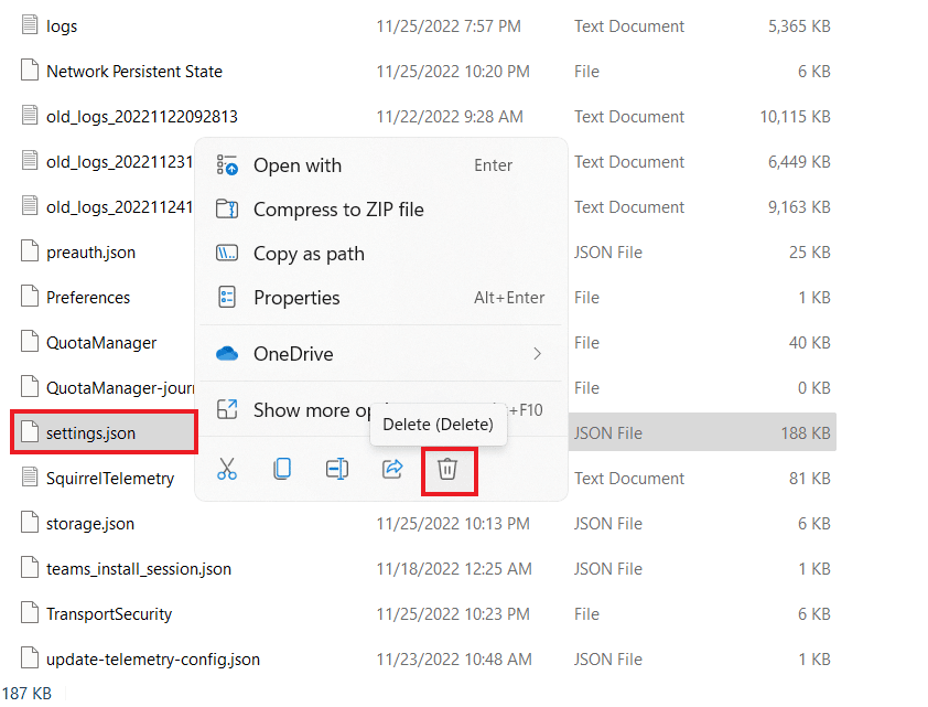 Haga clic con el botón derecho en el archivo settings.json y haga clic en el icono Eliminar