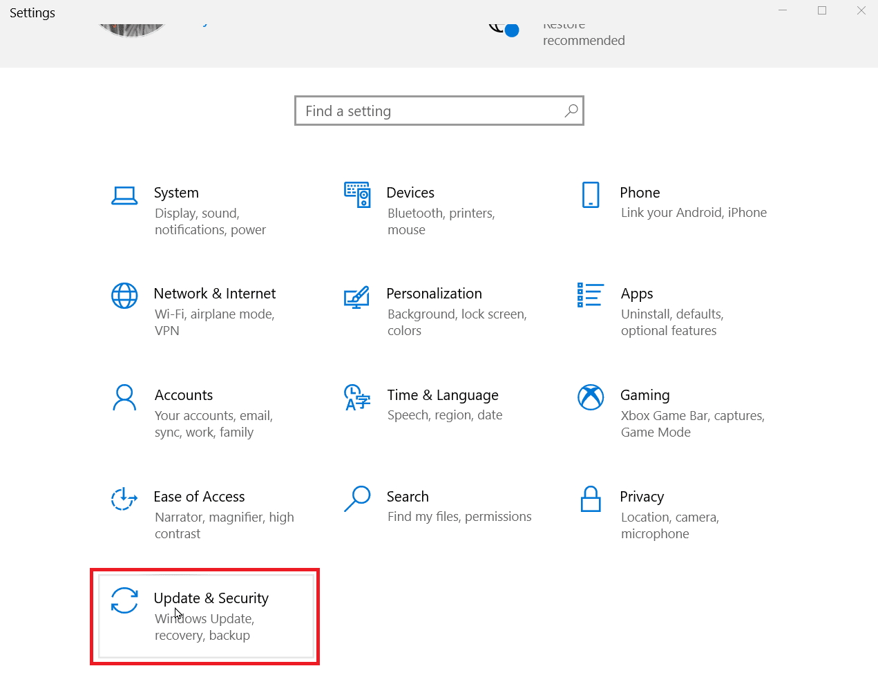 clic en actualización y seguridad |  Cómo aumentar la velocidad de carga en Windows