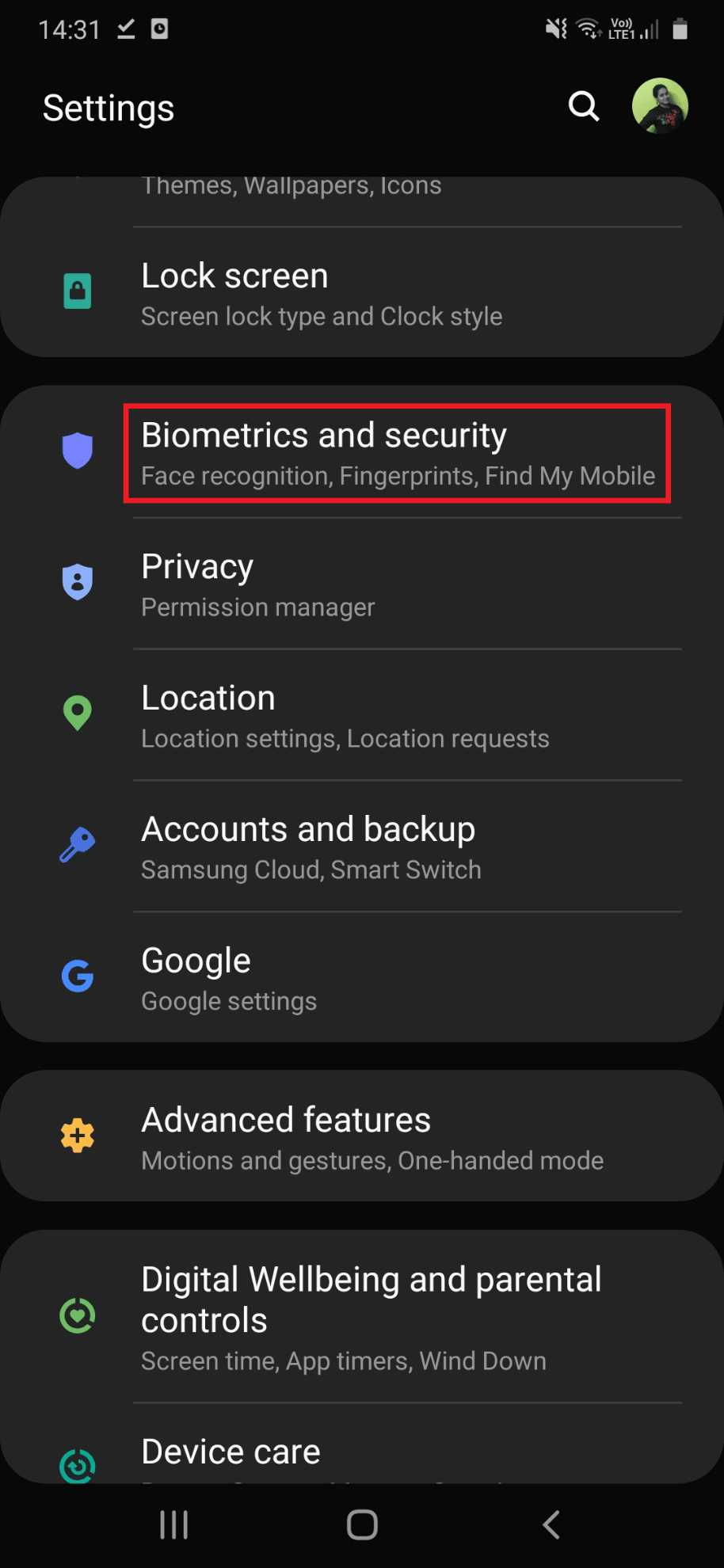 Seleccione Biometría y seguridad