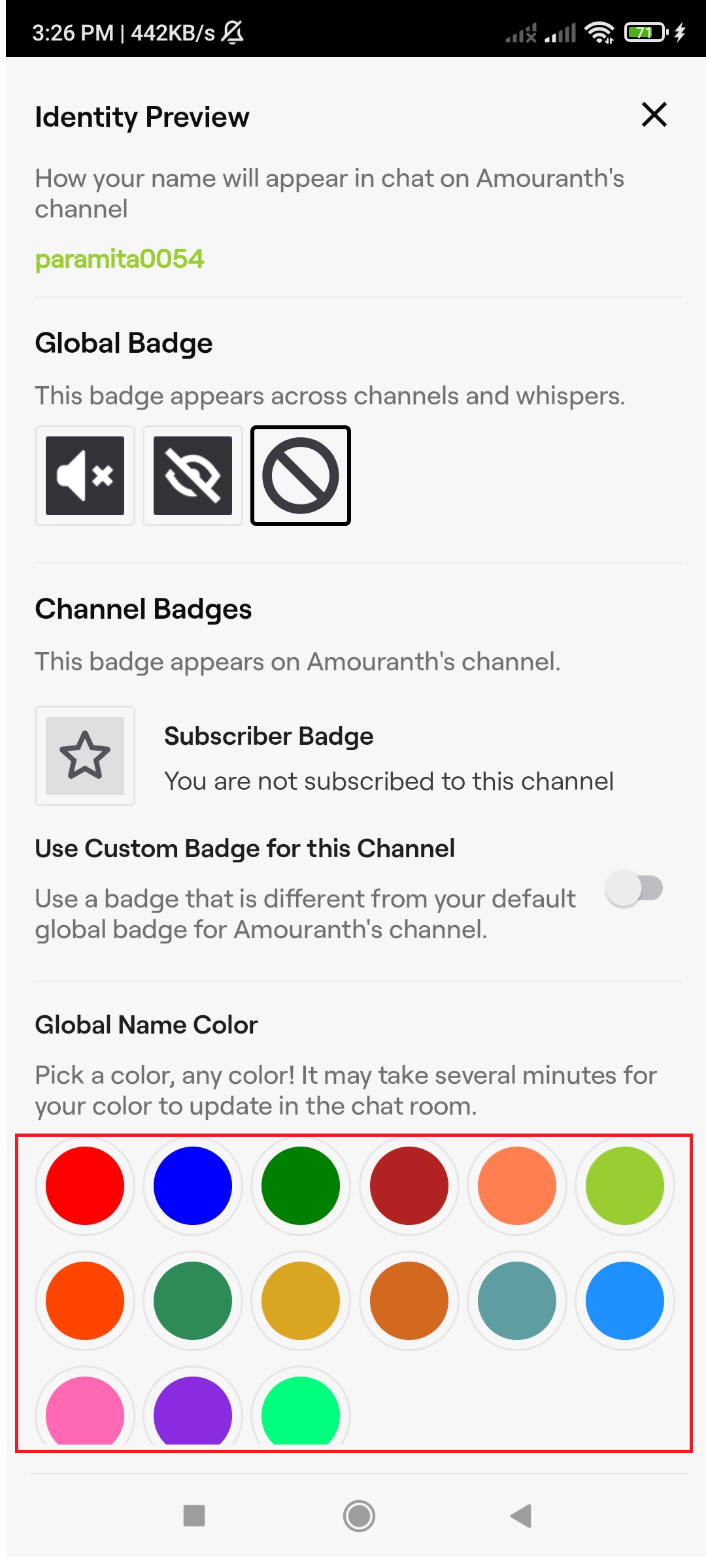 15 colores predeterminados en Twitch