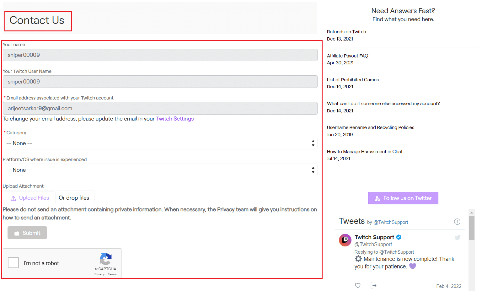 póngase en contacto con el soporte de Twitch.  Arreglar Twitch incapaz de conectarse al chat