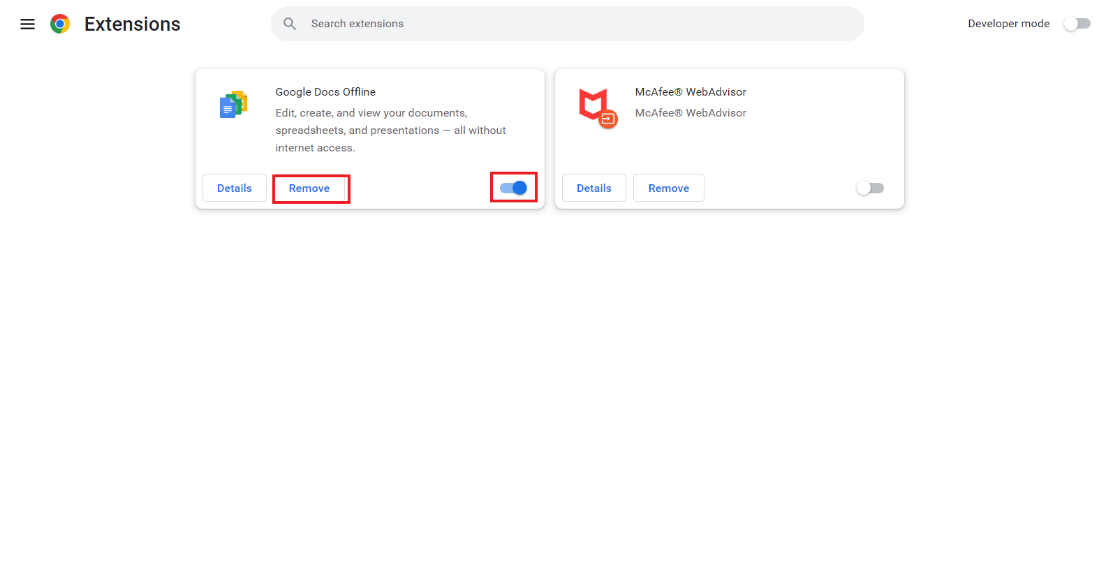 Desactive las extensiones o haga clic en el botón Eliminar.  Arreglar la página de negocios de Facebook Demasiados redireccionamientos