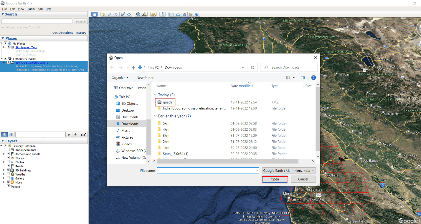 Abra el archivo descargado |  mostrar contornos de elevación en Google Earth