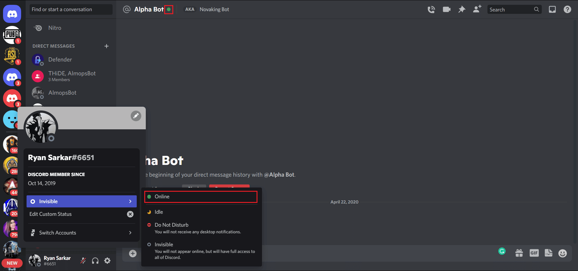 Discord te ofrece cuatro opciones con respecto al estado de tu actividad.  Esto puede ser visto por cualquier persona que busque su nombre o ID de etiqueta.