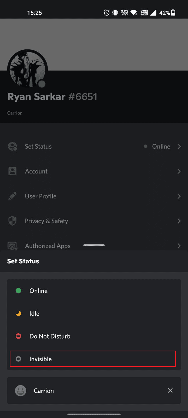 Toque Invisible en el menú emergente para aparecer sin conexión en Discord |  Cómo aparecer sin conexión en un servidor en Discord