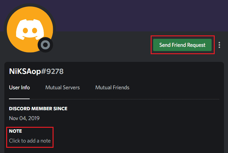 guarde una NOTA sobre la persona en caso de que desee volver a visitarla o envíele una solicitud de amistad haciendo clic en Enviar solicitud de amistad |  Cómo aparecer sin conexión en un servidor en Discord