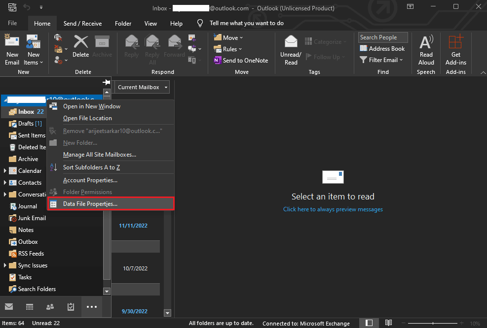 propiedades del archivo de datos de Outlook