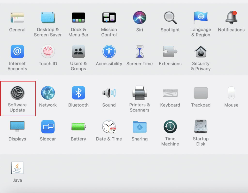 haga clic en Actualización de software en las preferencias del sistema en Mac