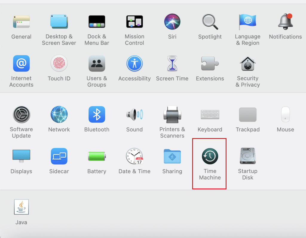 haga clic en Time Machine en las preferencias del sistema en Mac