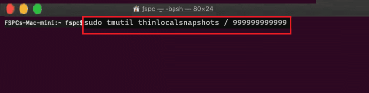 comando sudo tmutil thinlocalsnapshots en terminal mac.  Solucionar el error de espacio insuficiente del Asistente de Boot Camp