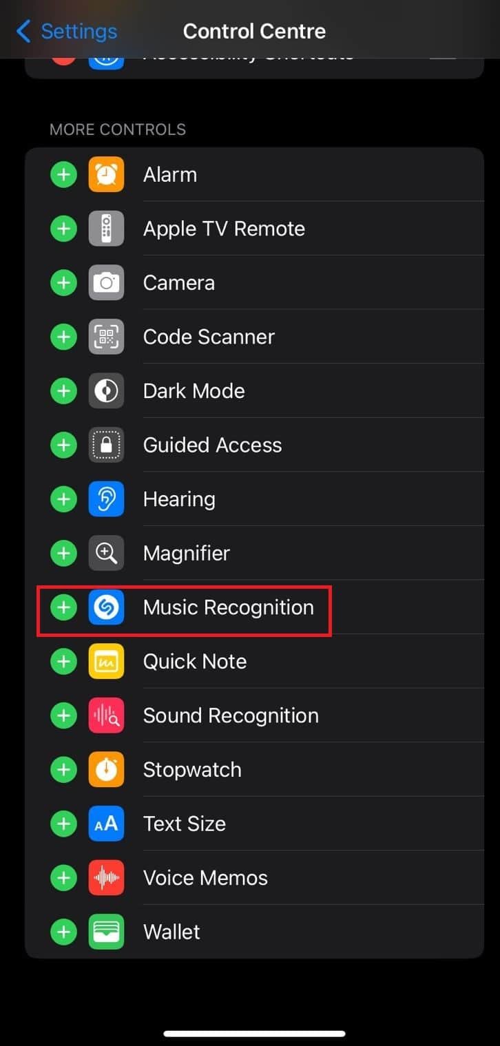 toque el signo más verde junto al reconocimiento de música para agregarlo al Centro de control.