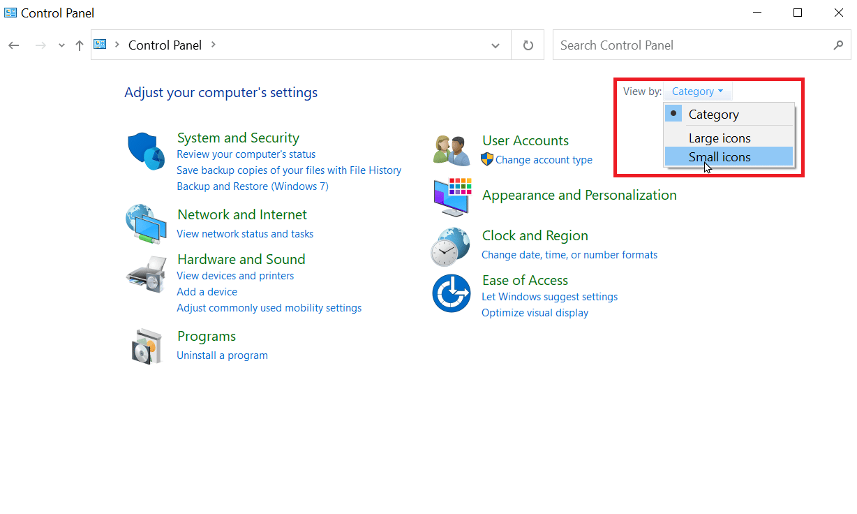 selrct vista por iconos pequeños. Solucionar el error de actualización de Windows 0x80071160