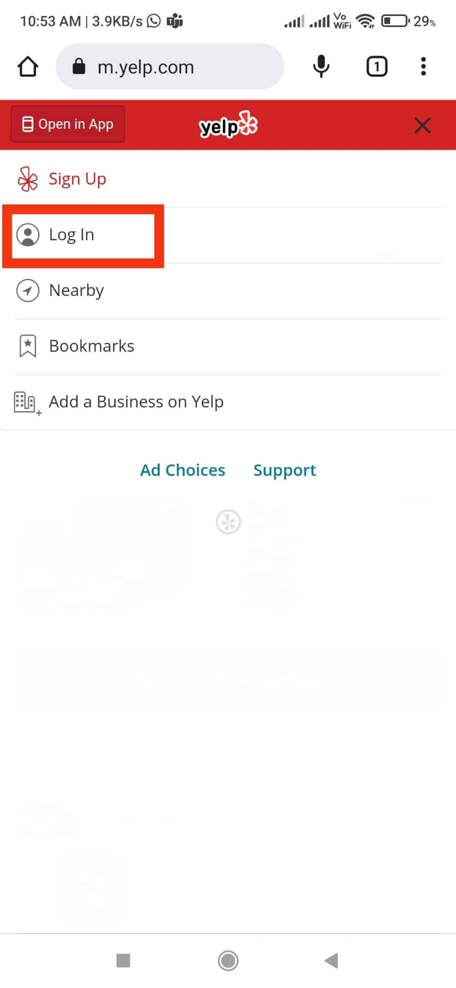 Toque el botón de inicio de sesión. | Cómo crear una cuenta en Yelp