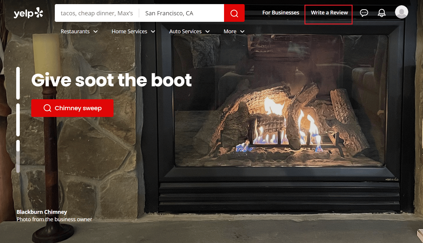 Desde el tablero de tu cuenta de Yelp, haz clic en Escribir una reseña en la esquina superior derecha | Cómo crear una cuenta en Yelp