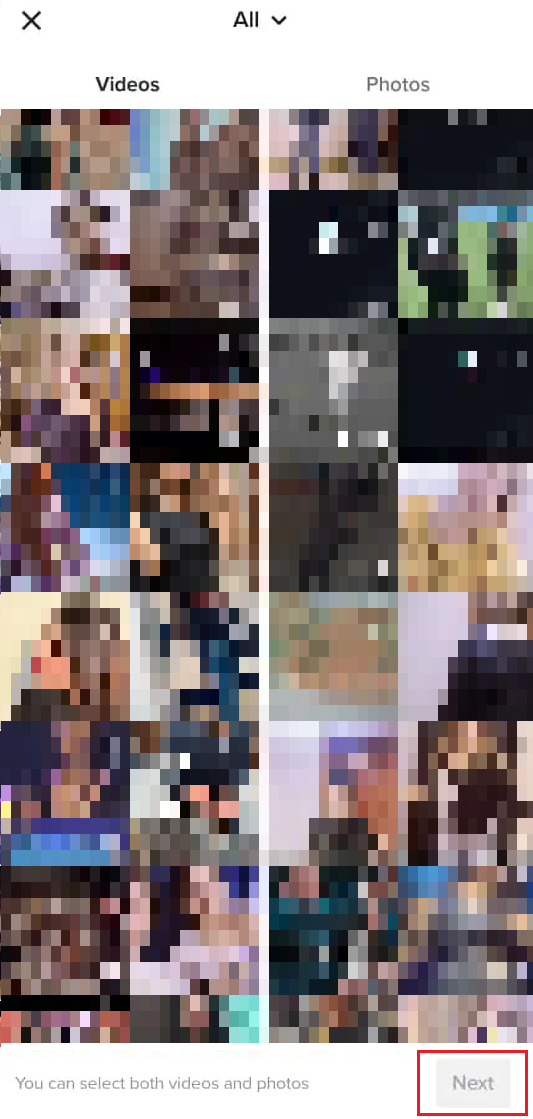 Seleccione las fotos o videos deseados de la galería de su teléfono y toque Siguiente |  |  Cómo encontrar pegatinas en TikTok
