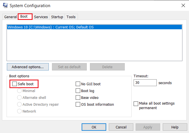 Vaya a la pestaña Arranque y seleccione Arranque seguro.  Solucione un error fatal de Javascript al instalar el cliente de Windows