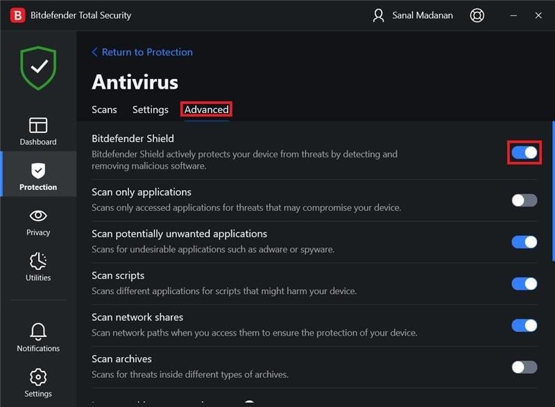 Haga clic en Avanzado y use el interruptor para desactivar BitDefender Shield.  Solucione un error fatal de Javascript al instalar el cliente de Windows