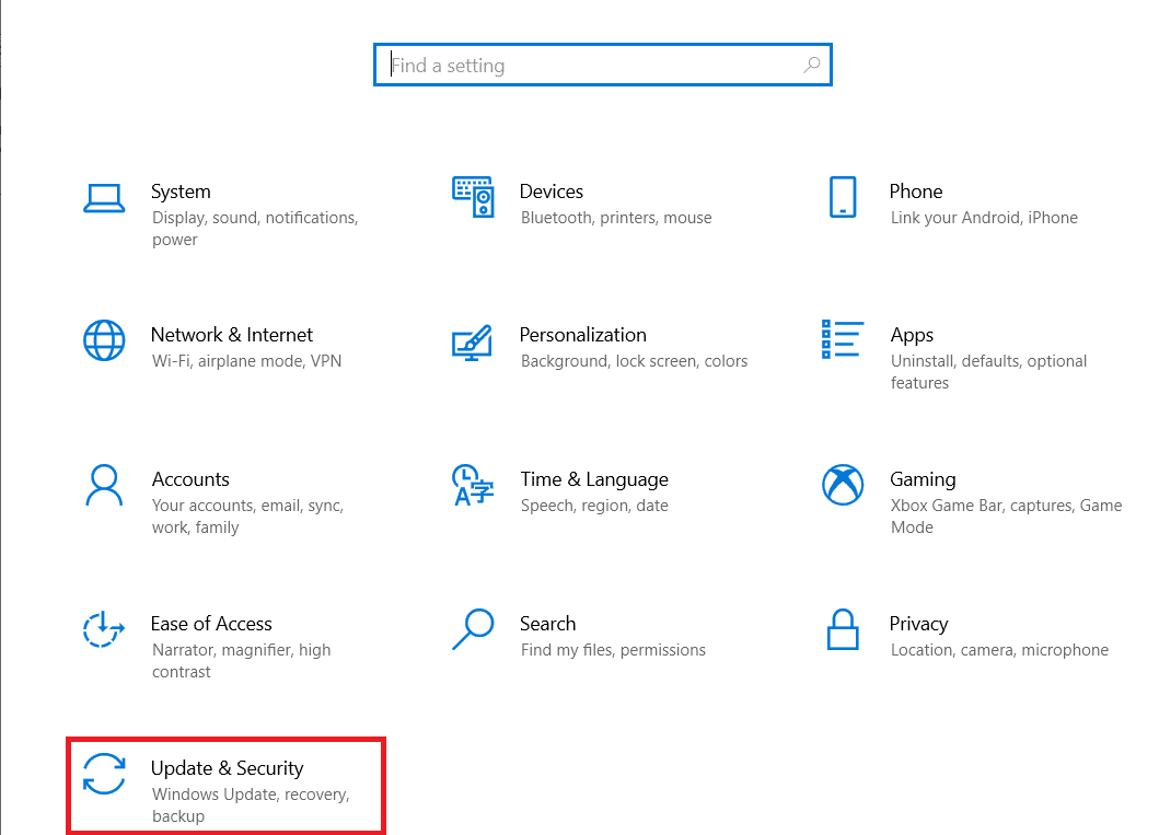 Abra la configuración de Actualización y seguridad.  Solucionar el error de instalación de Discord en Windows 10