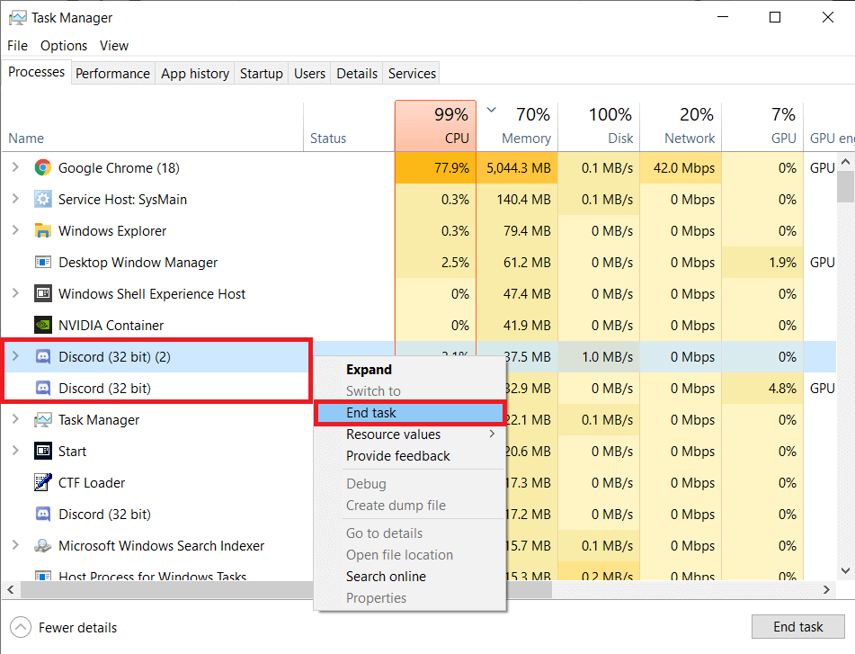 Haga clic derecho en el proceso Discord y seleccione Finalizar tarea.  Solucione un error fatal de Javascript al instalar el cliente de Windows