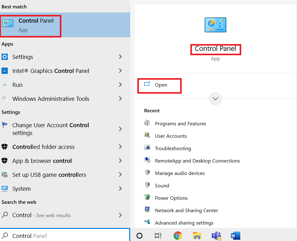 Inicie el Panel de control escribiendo en la barra de búsqueda de Windows.  Solucione un error fatal de Javascript al instalar el cliente de Windows