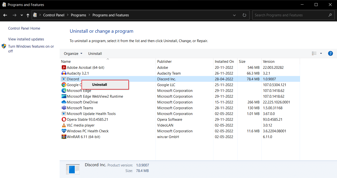 Busque Discord en la lista de programas y seleccione Desinstalar.  Solucionar el error de instalación de Discord en Windows 10