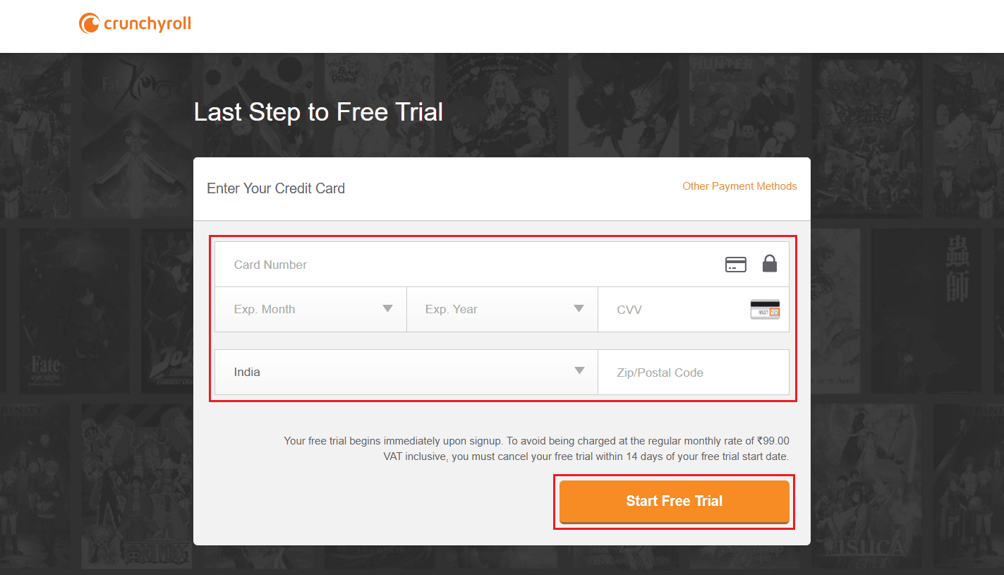 detalles de la tarjeta de crédito y código postal ZIP - Iniciar prueba gratuita |  ¿Qué es el uso compartido de cuentas de Crunchyroll?  |  ver Crunchyroll en múltiples dispositivos