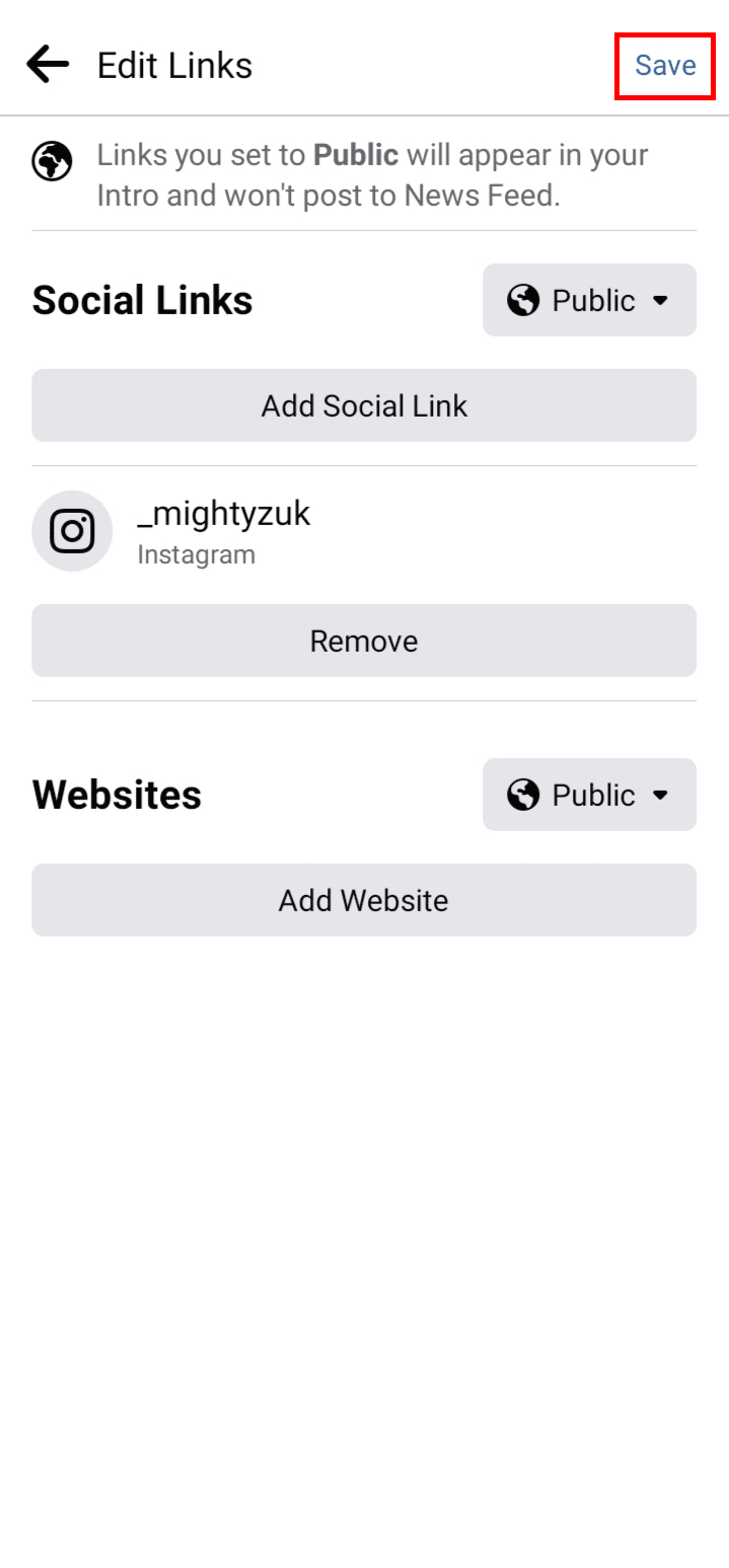 Toque la opción Guardar en la esquina superior derecha de la pantalla para agregar su enlace de Instagram a su biografía de Facebook |  Cómo copiar el enlace de tu perfil de Instagram desde la aplicación