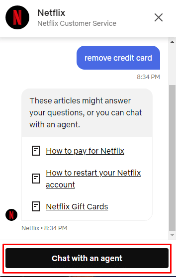 seleccione Chatear con un agente |  Cómo cancelar mi cuenta de Netflix