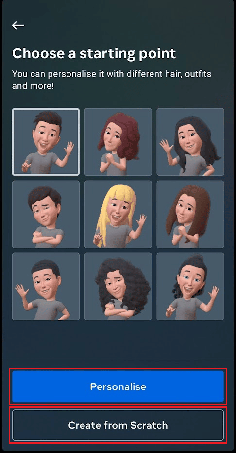 Toque Personalizar para modificar el avatar existente O toque Crear desde cero para hacer su avatar desde el principio