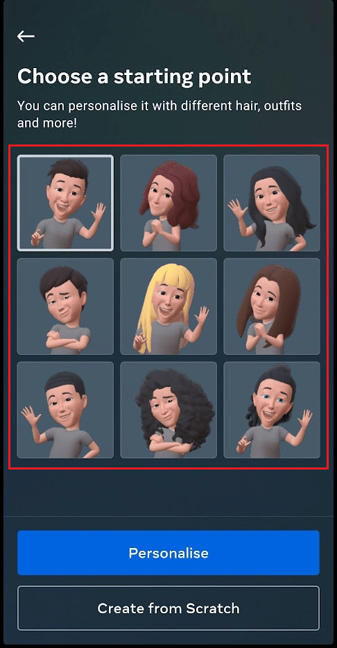 varias opciones de personalización que harán que se parezca al avatar femenino
