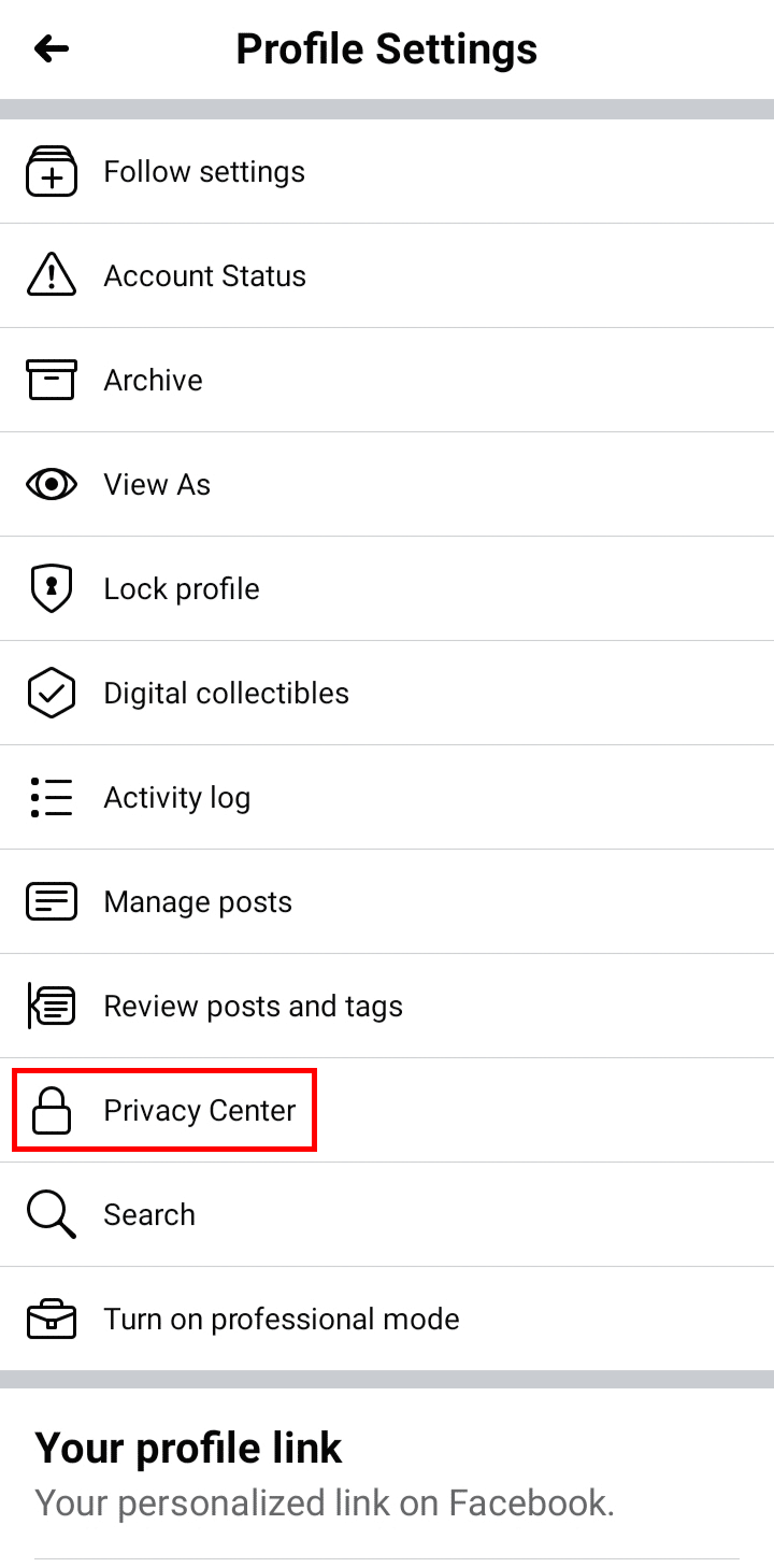 En la Configuración del perfil, toque la opción Centro de privacidad.  |  Cómo desconectar tu cuenta de Facebook de Instagram