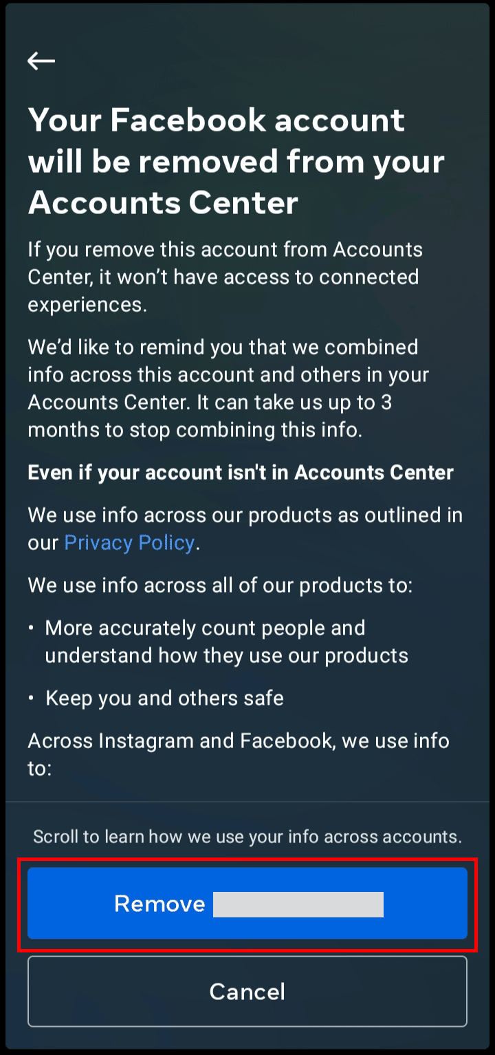 Toque Eliminar su nombre de Facebook para confirmar la eliminación de su cuenta de Facebook de Instagram.  |  Cómo desconectar tu cuenta de Facebook de Instagram