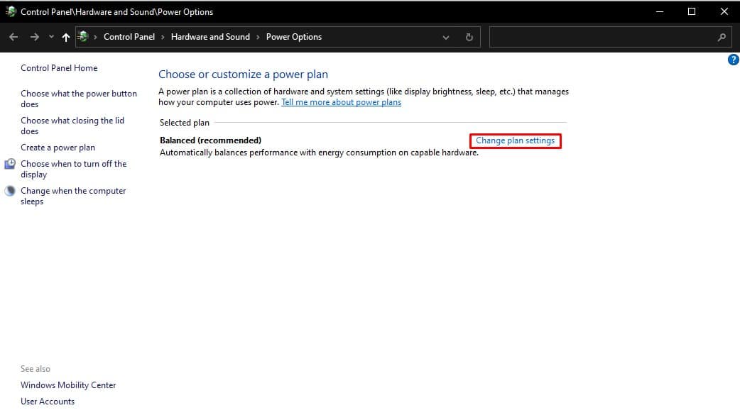 Haga clic en Cambiar la configuración del plan.  Arreglar los equipos de Microsoft sigue diciendo que estoy ausente pero no soy un error