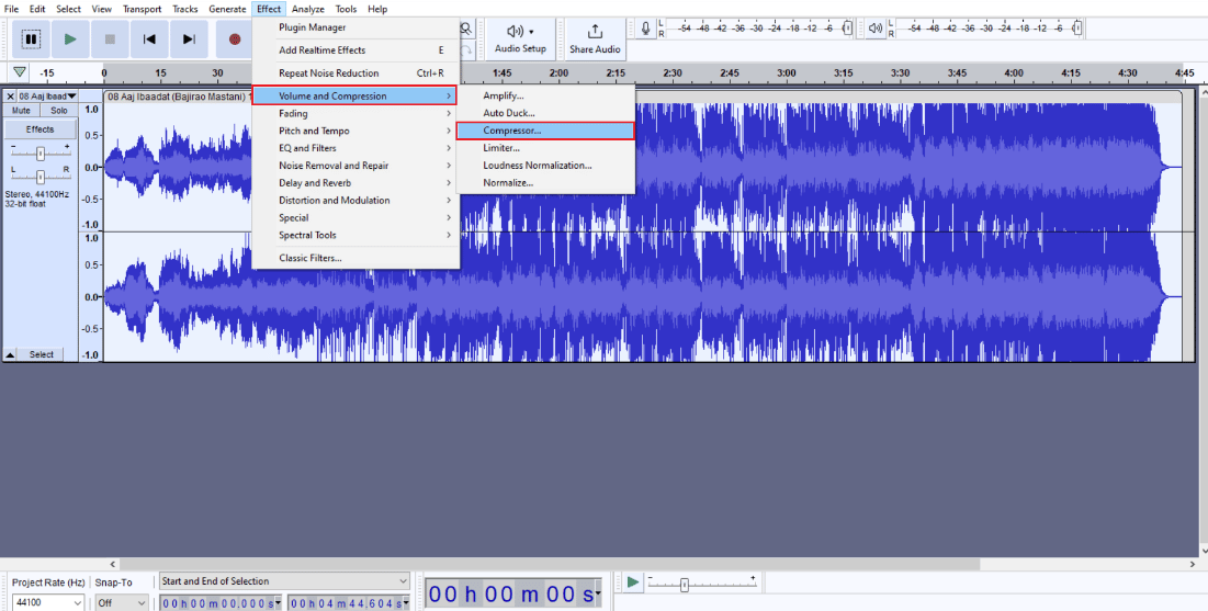 vaya a Volumen y Compresión seguido de Compresor |  eliminar el eco del audio Audacity