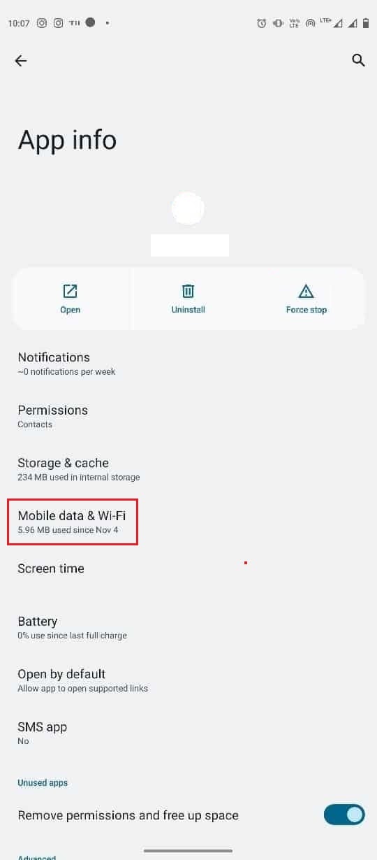 toque Datos móviles y WiFi en la información de la aplicación