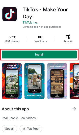 seleccione la aplicación TikTok y toque la opción Instalar