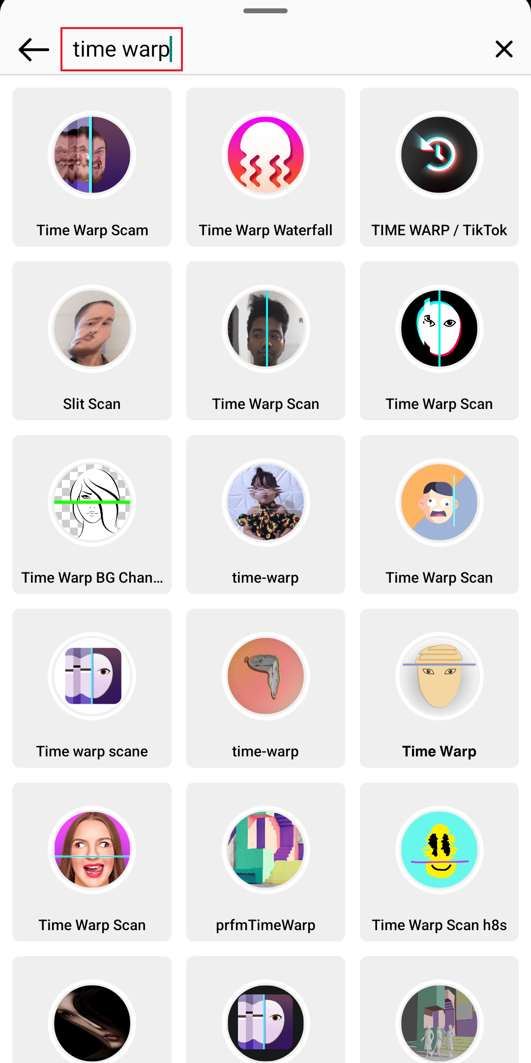 toca el ícono de búsqueda y escribe time warp en instagram