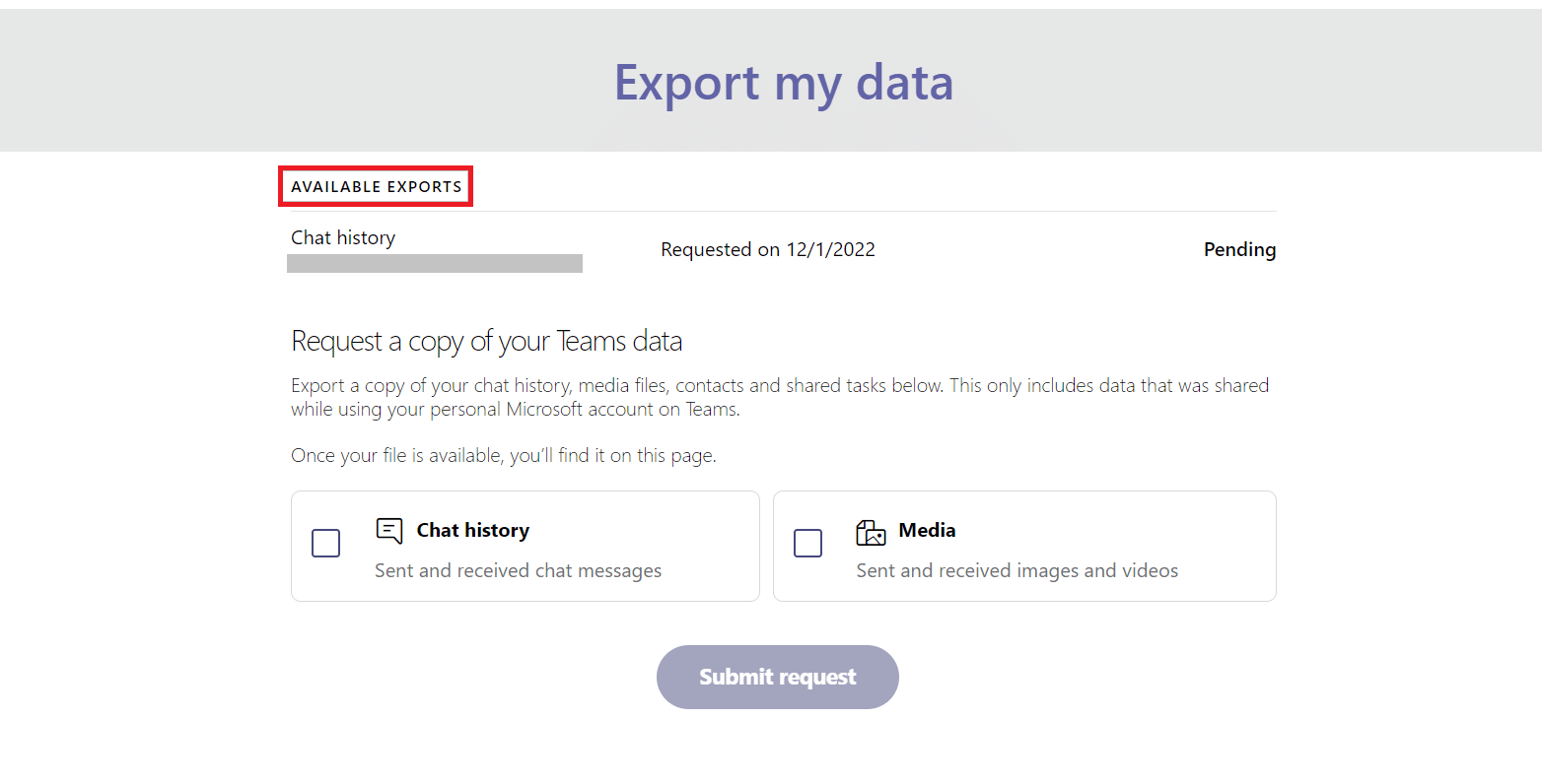 en Exportaciones disponibles, verifique el estado de su página de exportación.  Cómo exportar conversaciones de MS Teams