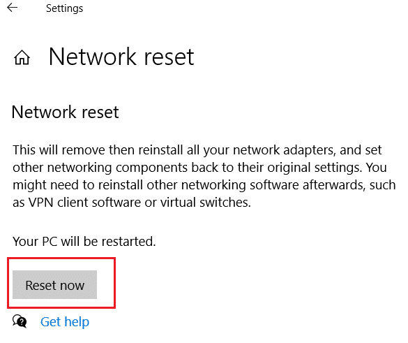 Haga clic en Restablecer ahora en la sección Restablecimiento de red.  ¿Qué hacer si WiFi funciona pero no Ethernet en Windows 10?
