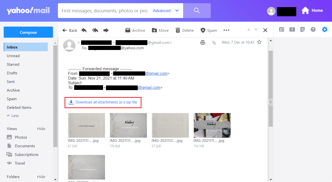 haga clic en Descargar todos los archivos adjuntos como un archivo zip | Cómo abrir fotos de correo de Yahoo