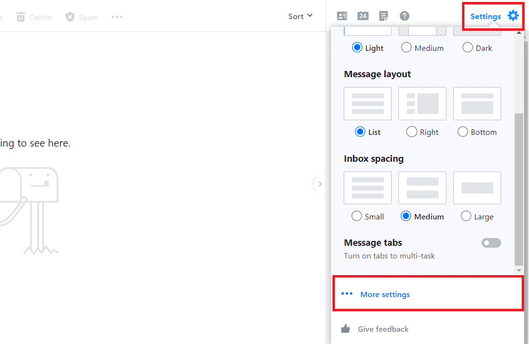 Haga clic en Configuración en la parte superior derecha y Más configuraciones en el menú desplegable | Cómo abrir fotos de correo de Yahoo