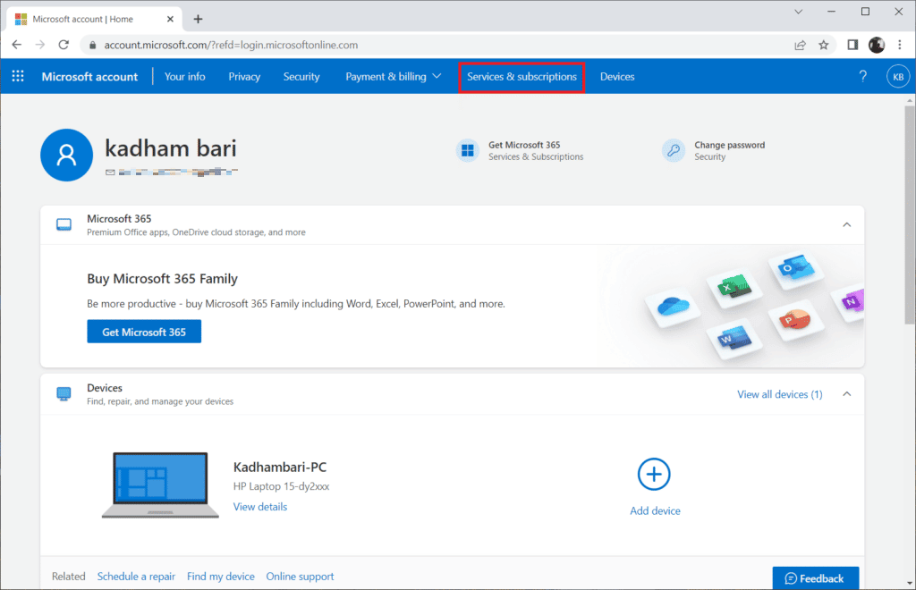 seleccionar servicios y suscripciones en la cuenta de Microsoft