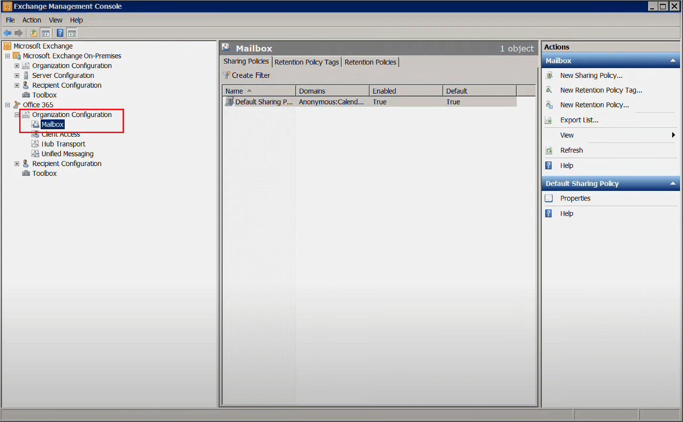 expanda el nodo de configuración de la organización y vaya al nodo Buzón