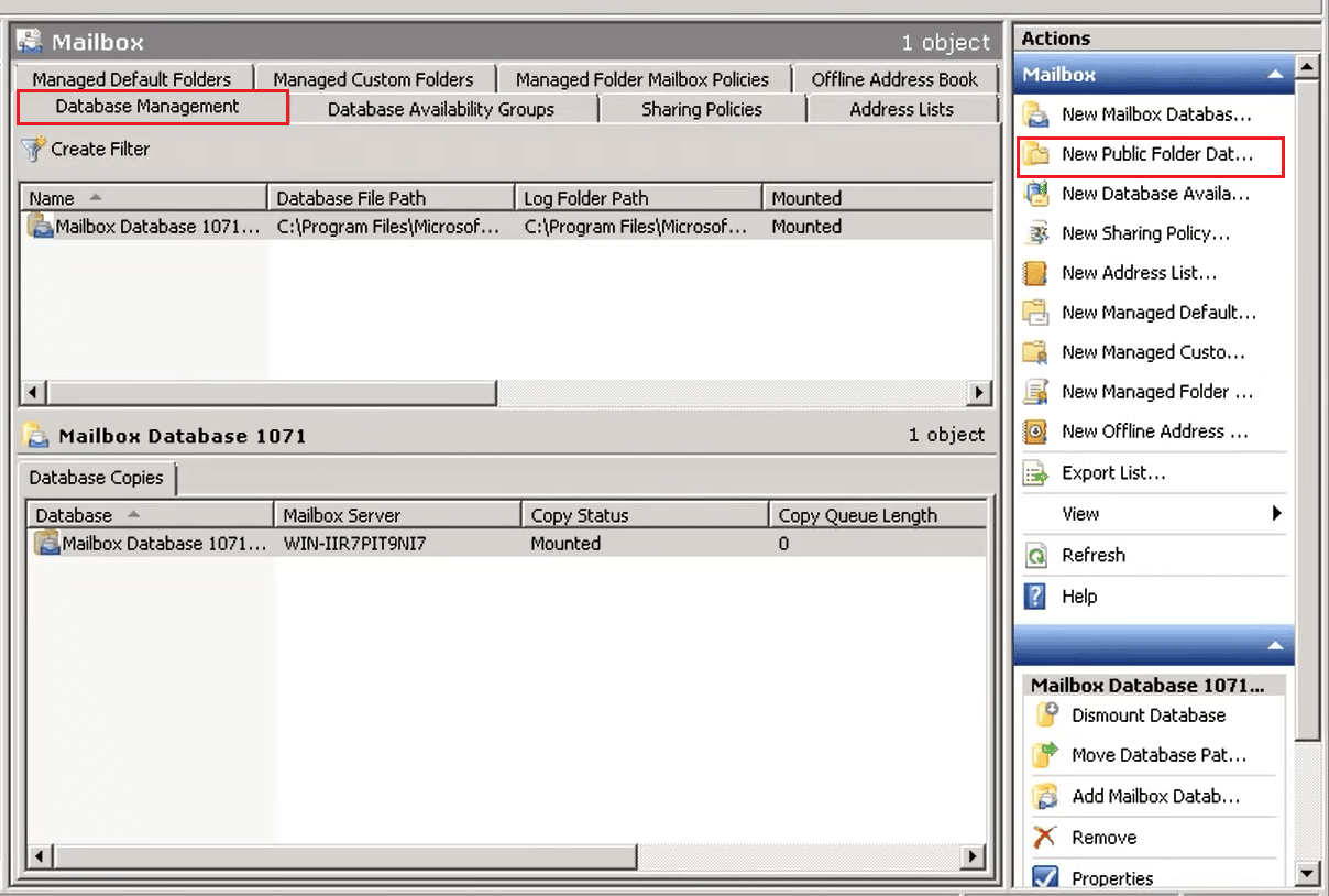 haga clic en la nueva base de datos de carpetas públicas en el nodo de buzón de administración de base de datos en la consola de administración de Exchange